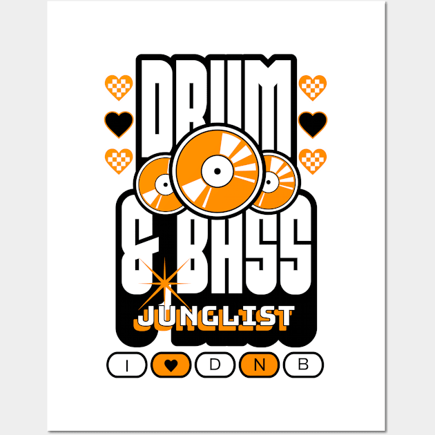 DRUM AND BASS  - 3 Records & Hearts (Black/Orange) Wall Art by DISCOTHREADZ 